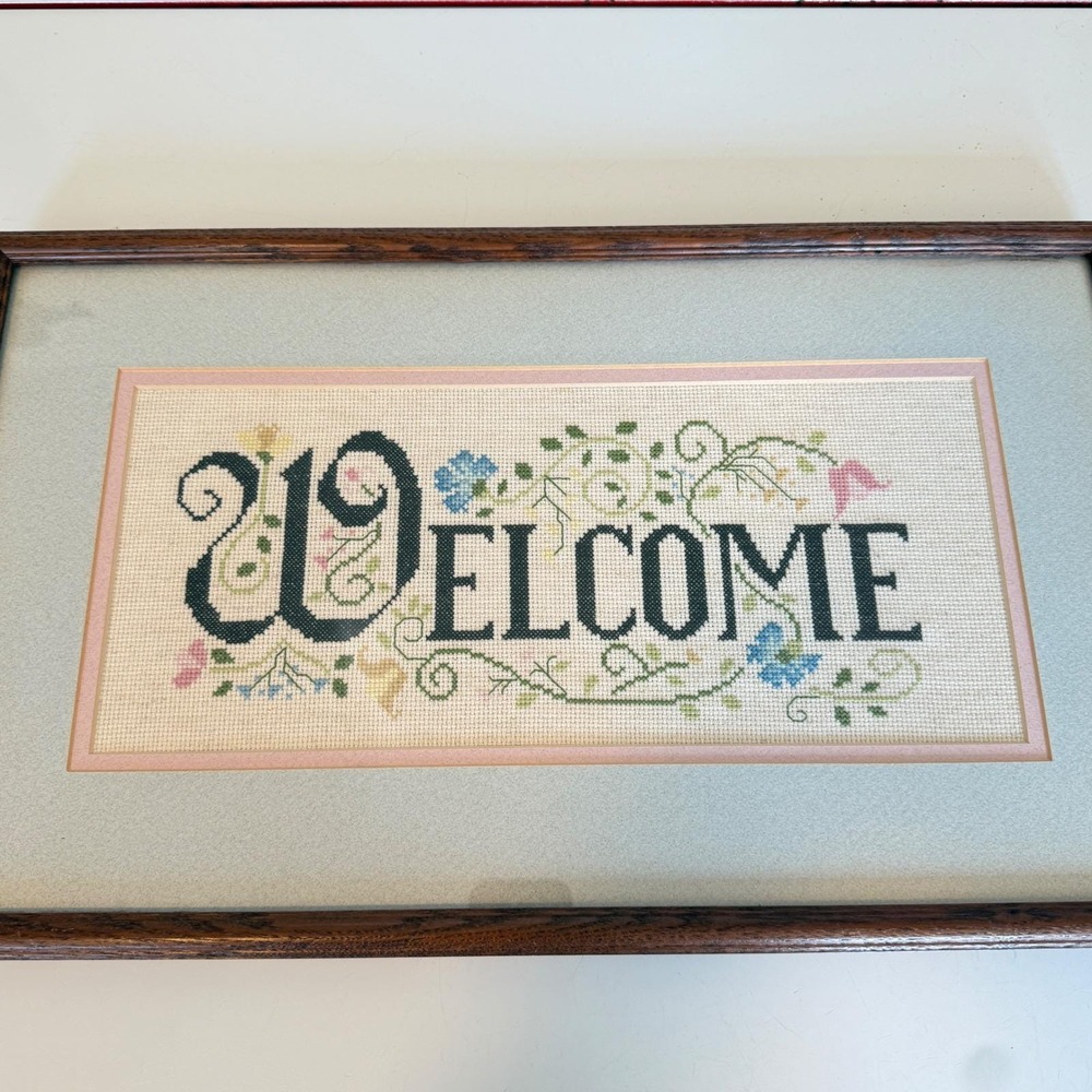 Vintage Framed Needlepoint "WELCOME" Sampler Floral Vine 20x12 Cottage Decor - Picture 14 of 16